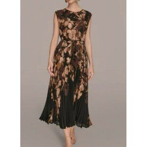 Donna Karan New York Midi Dress Womens Floral Pleated Belt Size 14 Multicolor